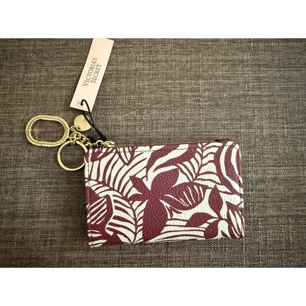 NWT Victoria's Secret Leaf/Floral Brown Zipper Card Case Wallet Keyring Keychain
